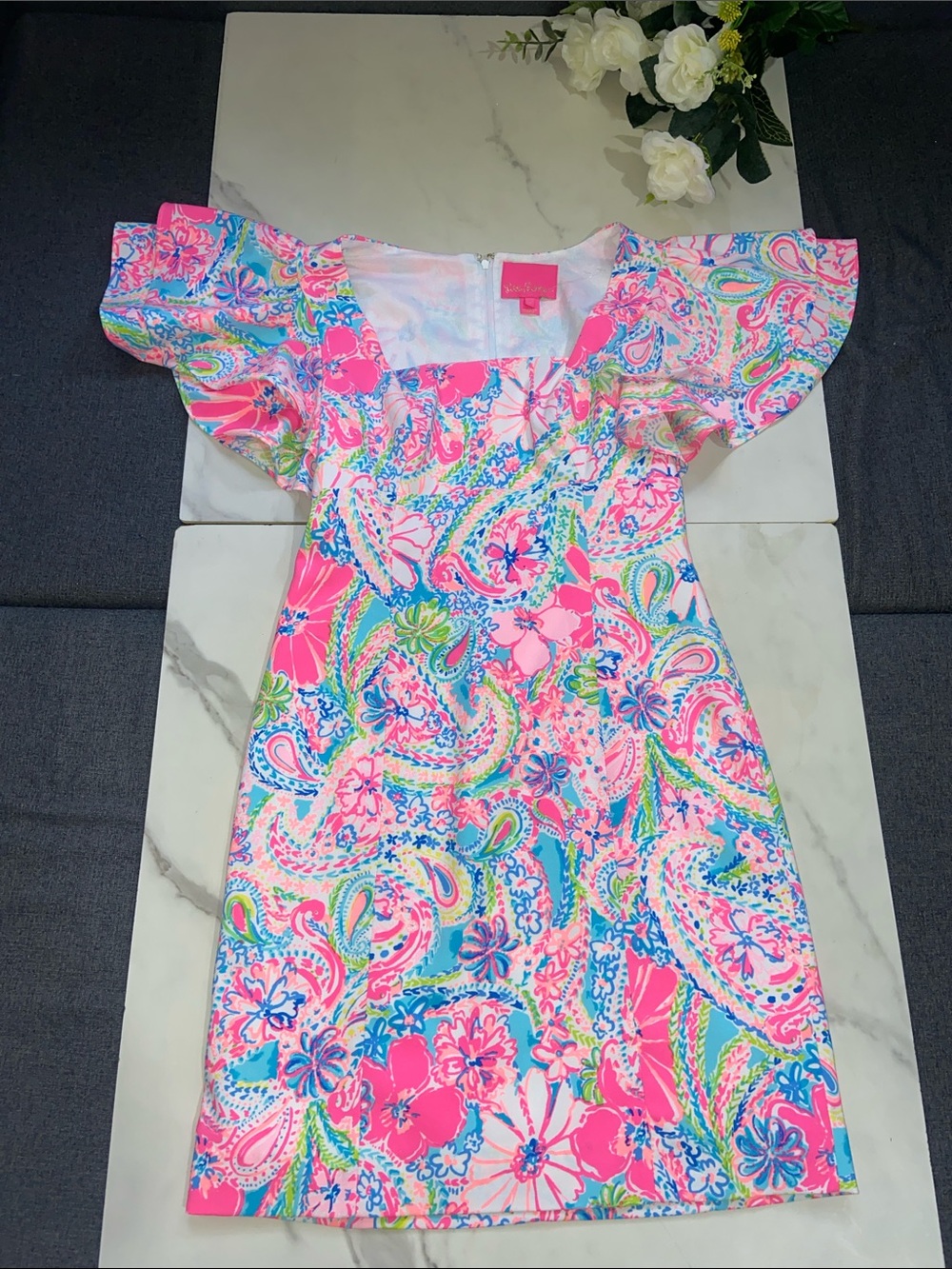 Lilly Pulitzer Anniston Stretch Dress Floral Pink Multi Ruffle Sleeve Size 0
